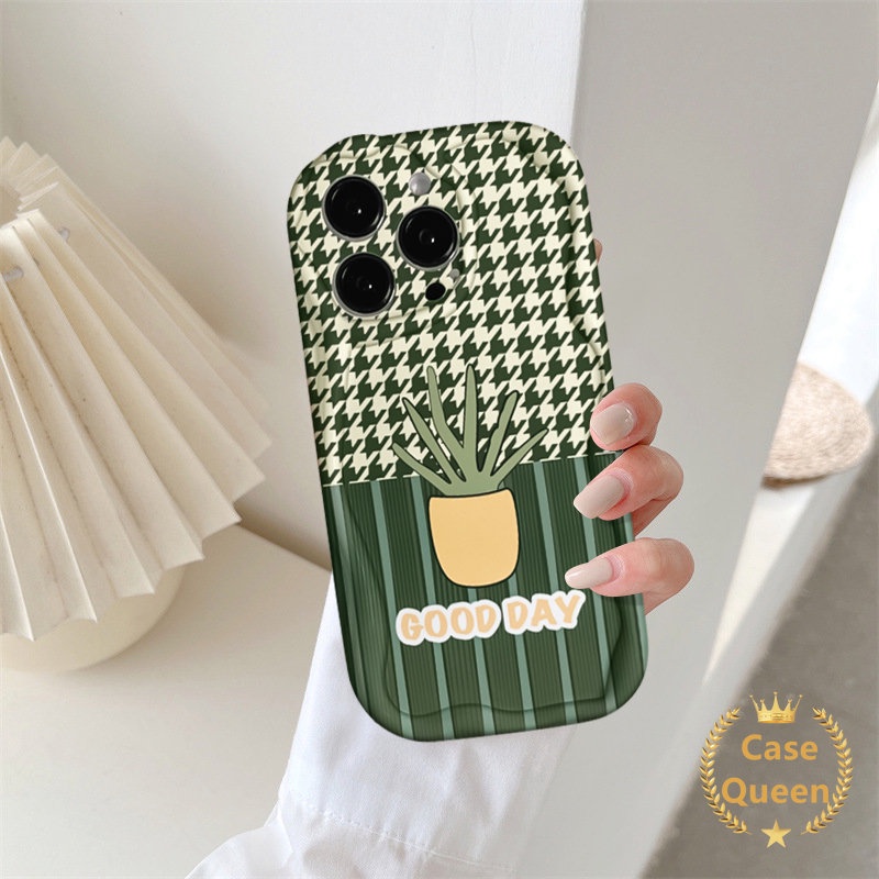 Kelinci Lucu Huruf Smile Motif Kotak-Kotak Bunga Case Untuk Oppo A77 A54 A3s A15s A77S A57 A33 A5s A12 A17K A17 A53 A16s A32 A7 A35 A16 A15 Kaktus Segar 3D Bergelombang Lengkung Pinggiran Penutup