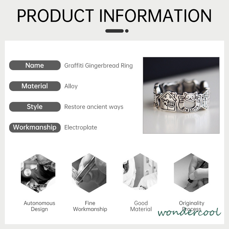 Grafiti Perak Gingerbread Man Cincin Terbuka Adjustable Ring Retro Korea Vintage Gaya Untuk Pria Dan Wanita-Won