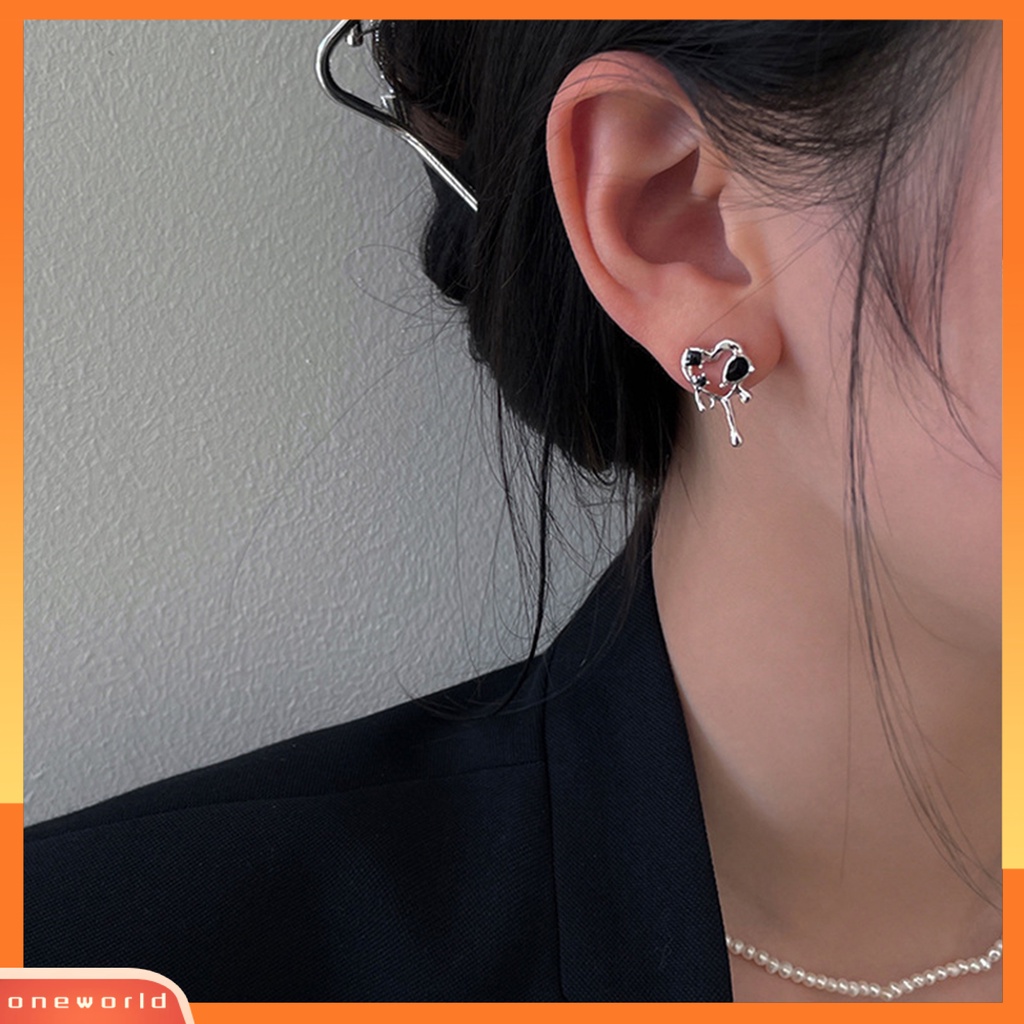 [WOD] 1pasang Wanita Anting Hitam Jantung Pesona Busana Harian Berlian Imitasi Tindik Studs Earring Pesta Perhiasan Hadiah Fashion Jewelry