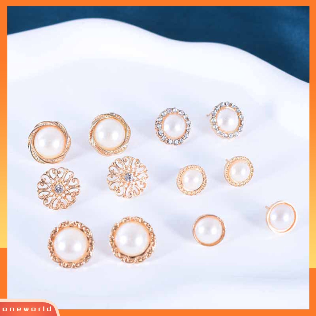 [WOD] 6pasang Anting Stud Bulat Berlian Imitasi Mengkilap Hias Electroplating Semua Pertandingan Dekorasi Hadiah Faux Pearl Flower Women Ear Studs Jewelry Untuk Pacaran