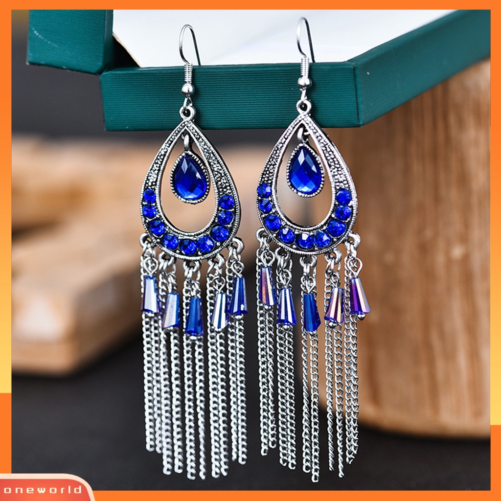 [WOD] 1pasang Anting Lady Bentuk Tetesan Air Rumbai Berlian Imitasi Vintage Drop Earrings Untuk Pakaian Sehari-Hari