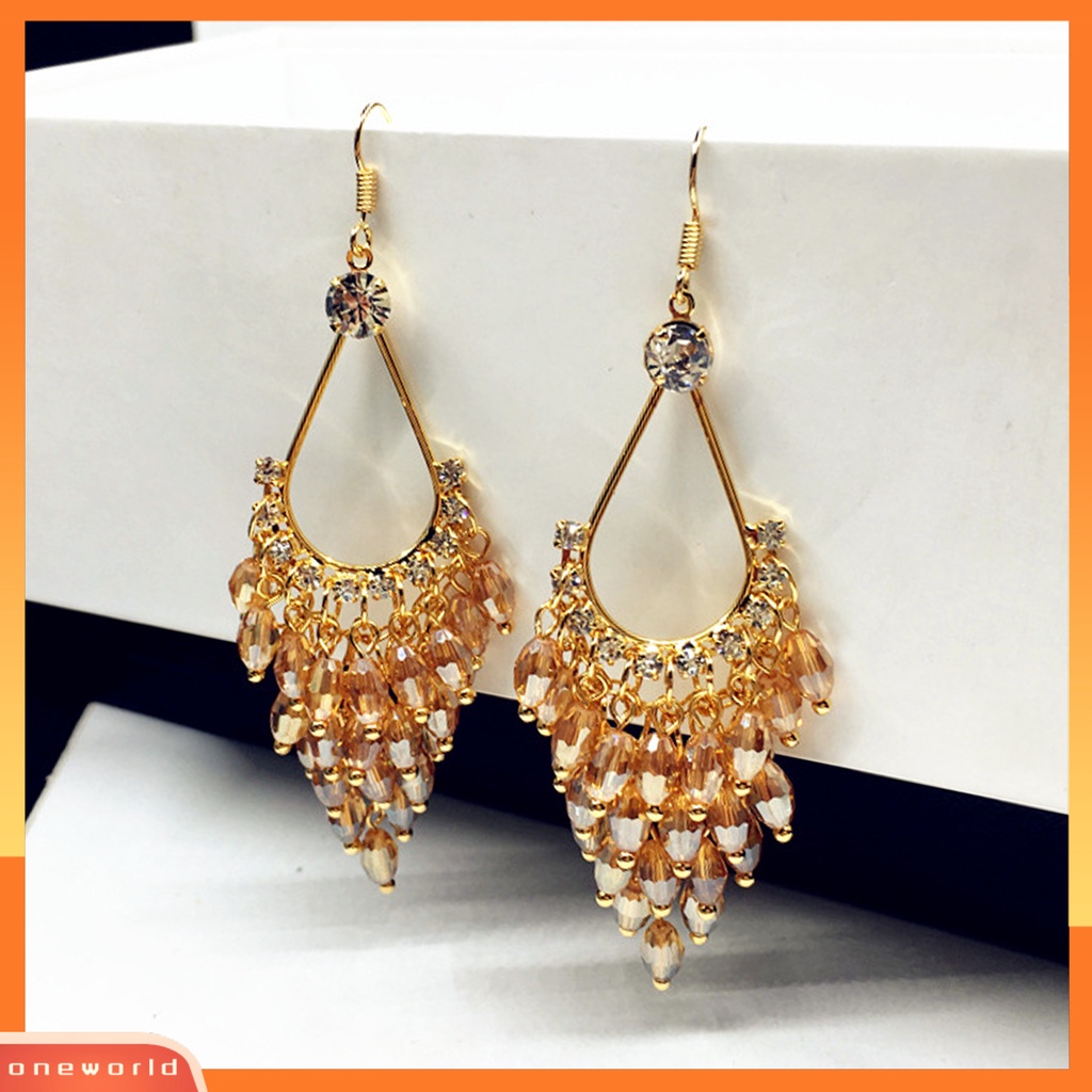 [WOD] 1pasang Anting Wanita Kristal Imitasi Gaya Bohemia Mengkilap High-end Drop Earrings Perhiasan Pernikahan