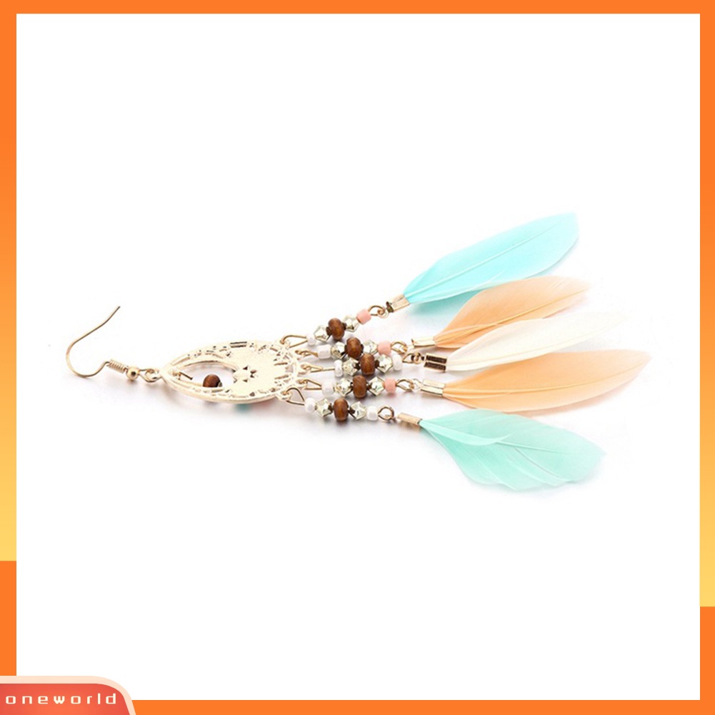 [WOD] Boho Wanita Berongga Manik-Manik Oval Warna-Warni Bulu Rumbai Drop Statement Earrings