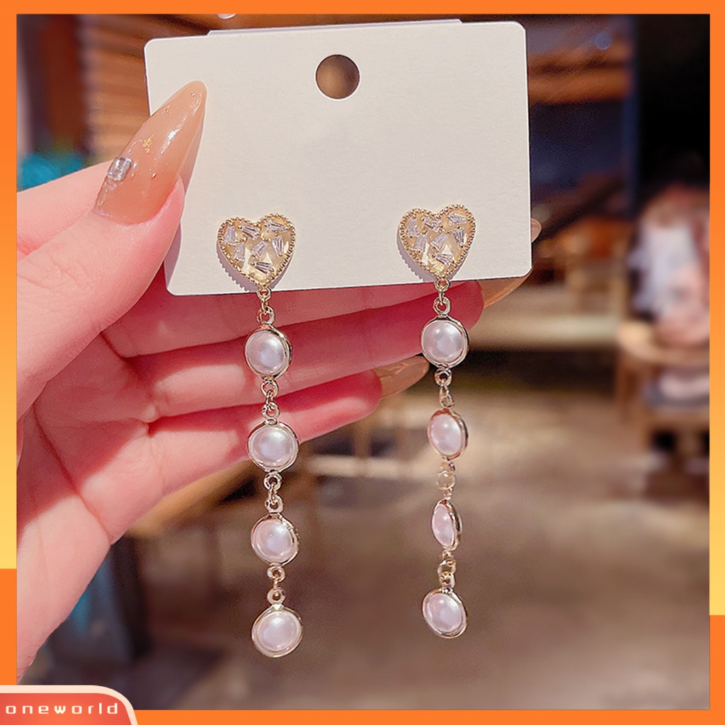 [WOD] 1pasang Drop Earrings Bow Perhiasan Mutiara Imitasi Cubic Zirconia Anting Panjang Untuk Pesta