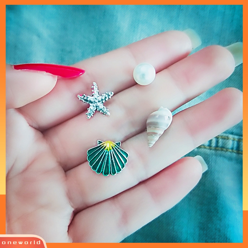 [WOD] 4pcs/set Musim Panas Pantai Bintang Laut Kerang Mutiara Imitasi Wanita Stud Earrings Hadiah