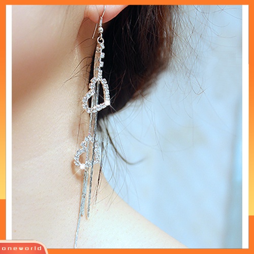 [WOD] Lady Berlian Imitasi Cinta Ganda Hati Drop Panjang Jumbai Rantai Menjuntai Linear Earrings