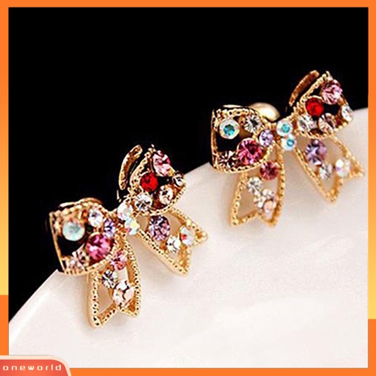 [WOD] 1pasang Wanita Berlian Imitasi Warna-Warni Ikatan Simpul Busur Telinga Studs Earrings Jewelry Charm