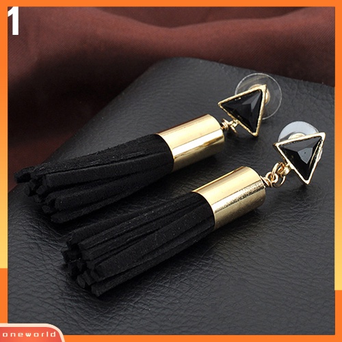 [WOD] Wanita Vintage Segitiga Faux Suede Jumbai Drop Earrings Anting Menjuntai Panjang