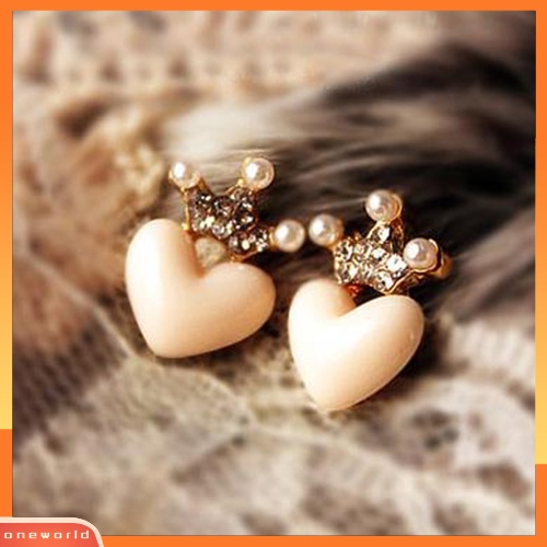 [WOD] 1pasang Fashion Wanita Manis Mutiara Imitasi Berlian Imitasi Mahkota Hati Studs Earrings