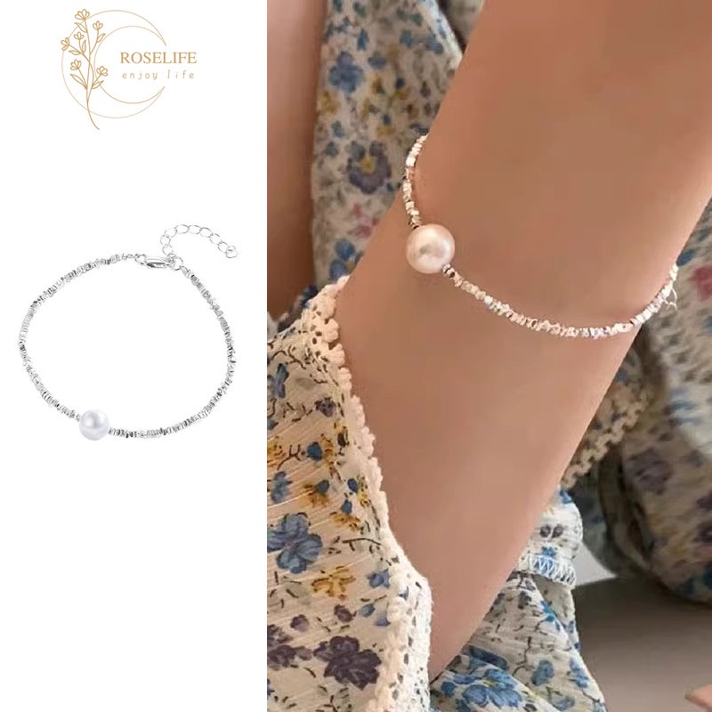 Roselife Korea Putih Mutiara Liontin Perak Bersinar Paillette Kecil Manik-Manik Gelang Untuk Wanita Perempuan Halus Mungil Berkilauan Pearl Bracelet Jewelry