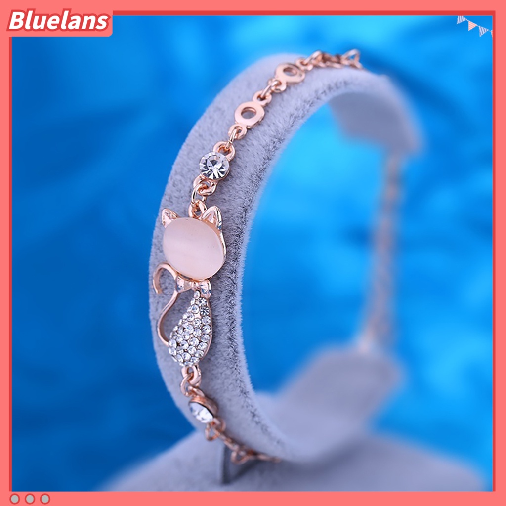 [BLS] Wanita Ladies Lovely Cat Pendant Opal Berlian Imitasi Bangle Gelang Rantai Perhiasan Untuk Kehidupan Sehari-Hari