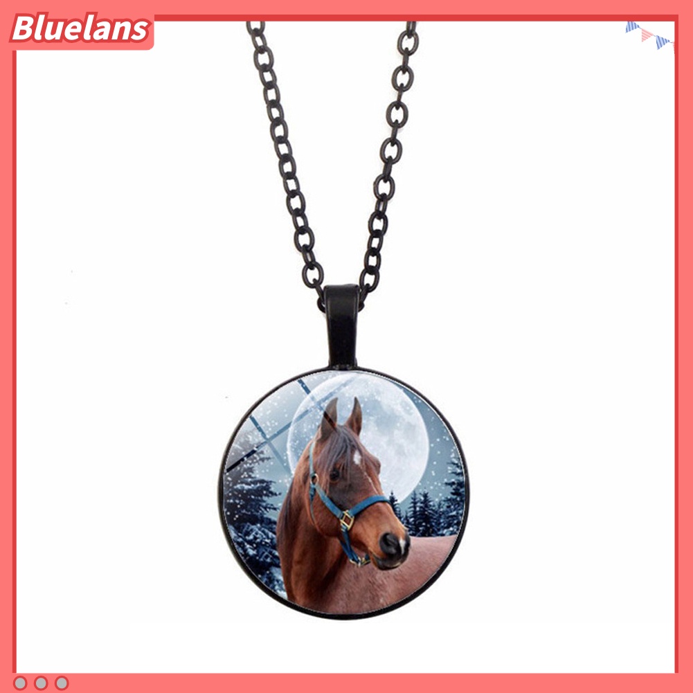 [BLS] Winter Horse Cabochon Vintage Kaca Liontin Rantai Kalung Wanita Perhiasan Hadiah