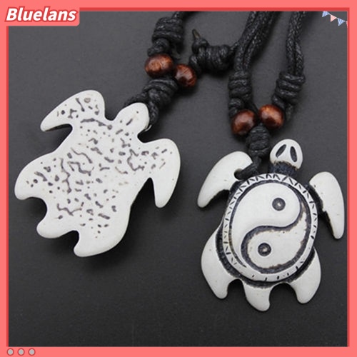 [BLS] Retro Wanita Pria Faux Bone Wax Cord Yin Yang Tai Chi Turtle Pendant Kalung Hadiah