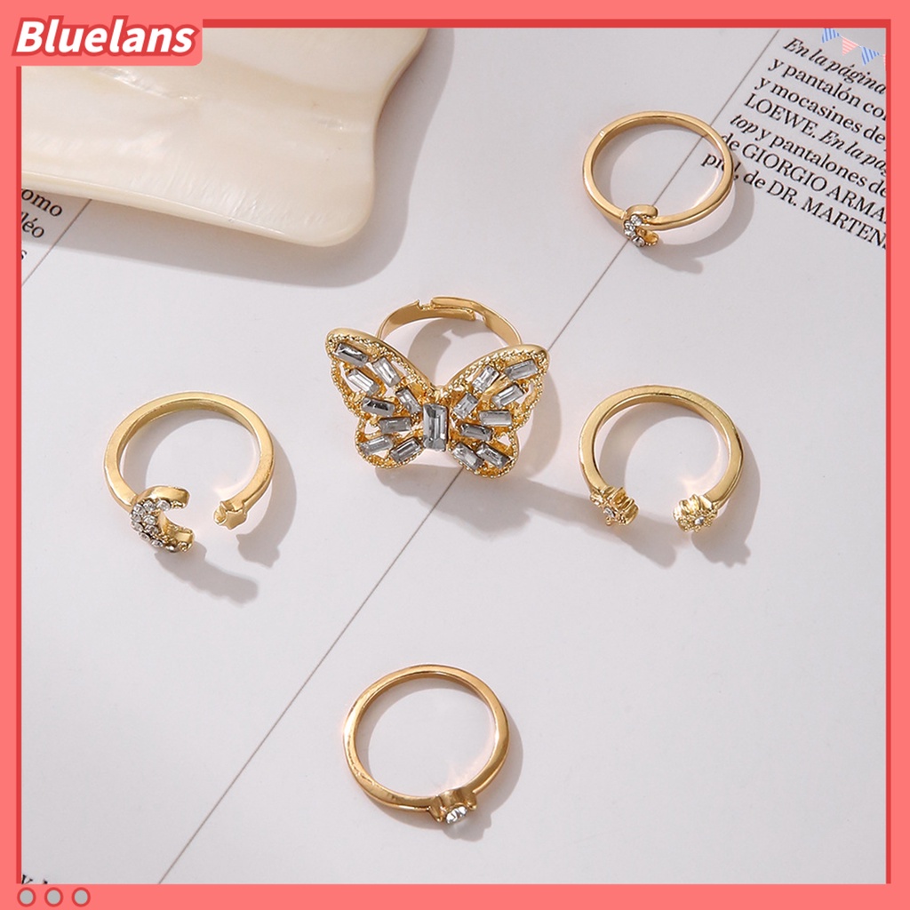 [BLS] 5pcs Cincin Buku Jari Kupu-Kupu Bulan Bintang Perhiasan Stackable Rhinestones Finger Rings Perhiasan Aksesoris