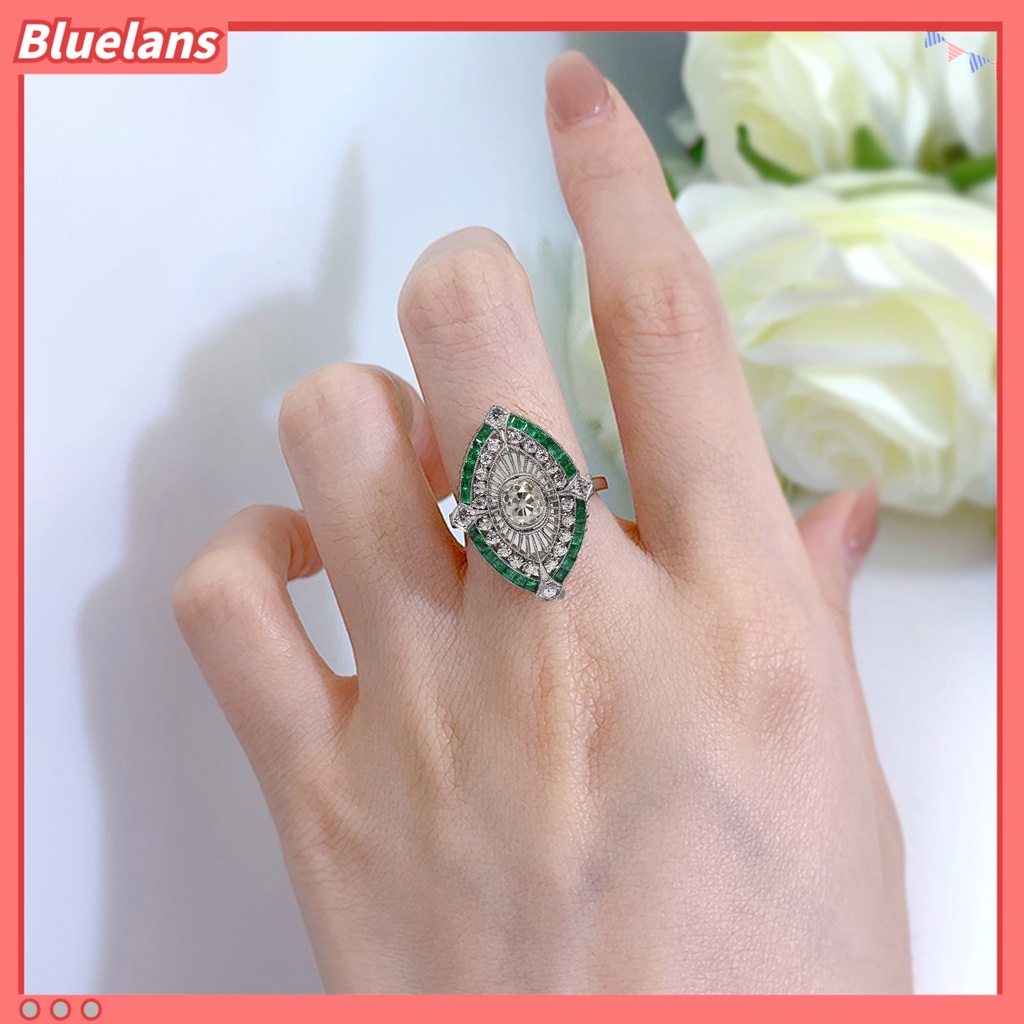 [BLS] Wanita Cincin Berlian Imitasi Mengkilap Hias Two-tone Geometri Electroplating Art Deco Hadiah Natural Emerald Faux Gemstone Engagement Wedding Ring Untuk Anniversary