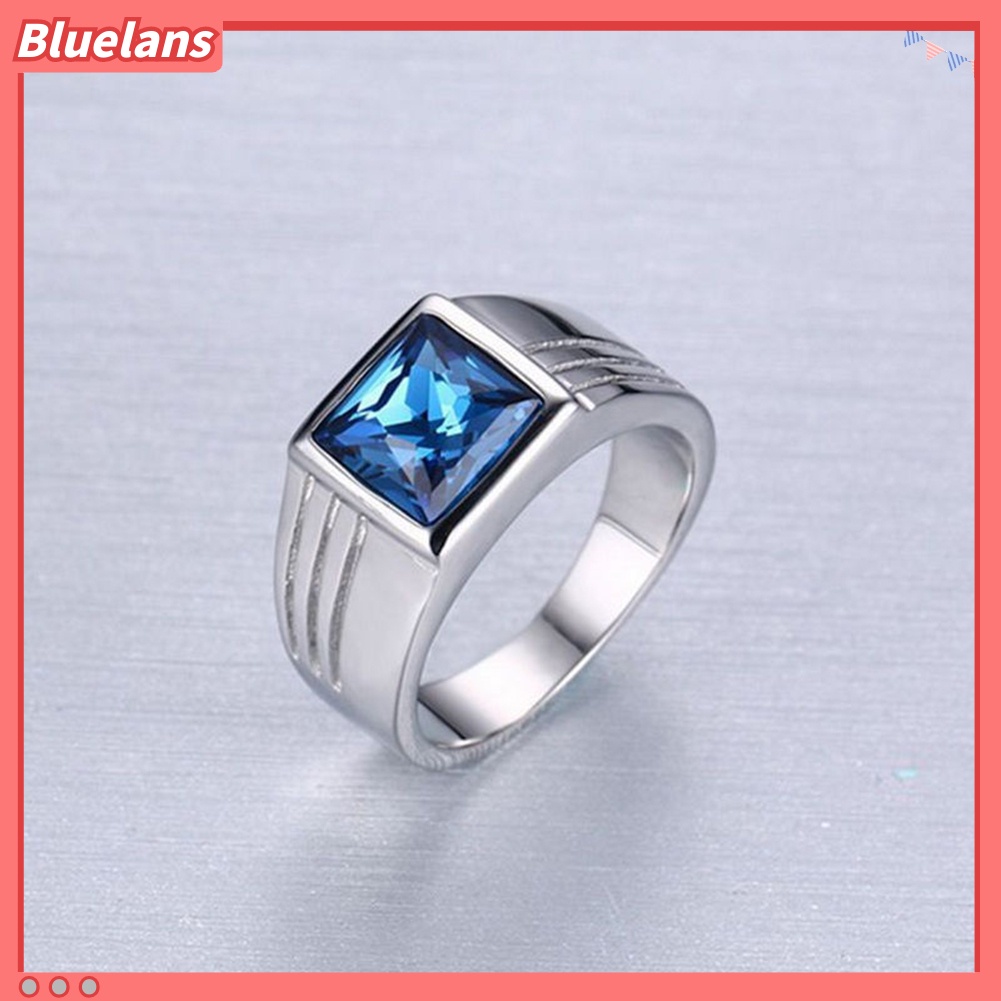[BLS] Pria Indah Biru Persegi Berlian Imitasi Lebar Pernikahan Band Jari Cincin Ukuran 7-11