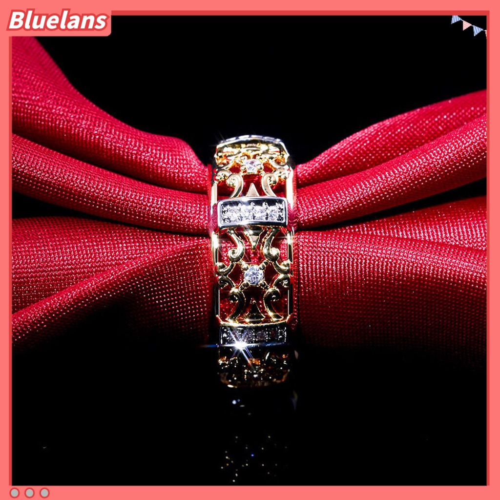 [BLS] Wanita Cincin Gaya Vintage Berongga Ukiran Dua Warna Kuno Bling Cubic Zirconia Ladies Finger Ring Fashion Perhiasan