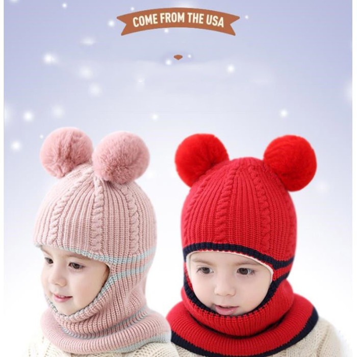 Kupluk Rajut Hangat Bayi untuk Musim Dingin Pompom dan Neck Cover