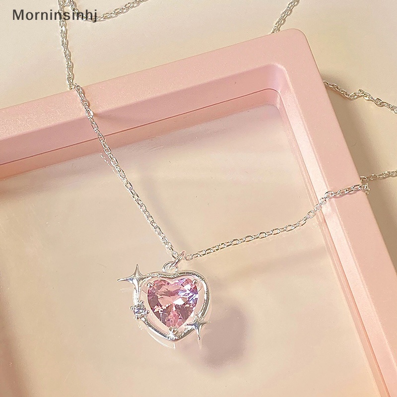 Mornin Gaya Korea Fashion Vintage Hollow Pink Kristal Jantung Liontin Warna Silver Kalung Rantai Leher Untuk Wanita Perhiasan Pernikahan id