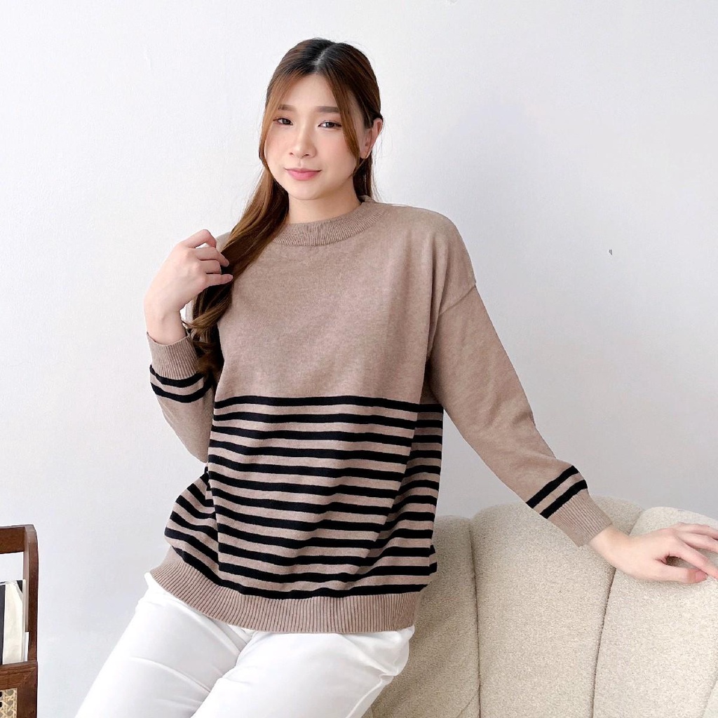 EIKO KNIT TOPS - sweater rajut katun wanita motif garis garis