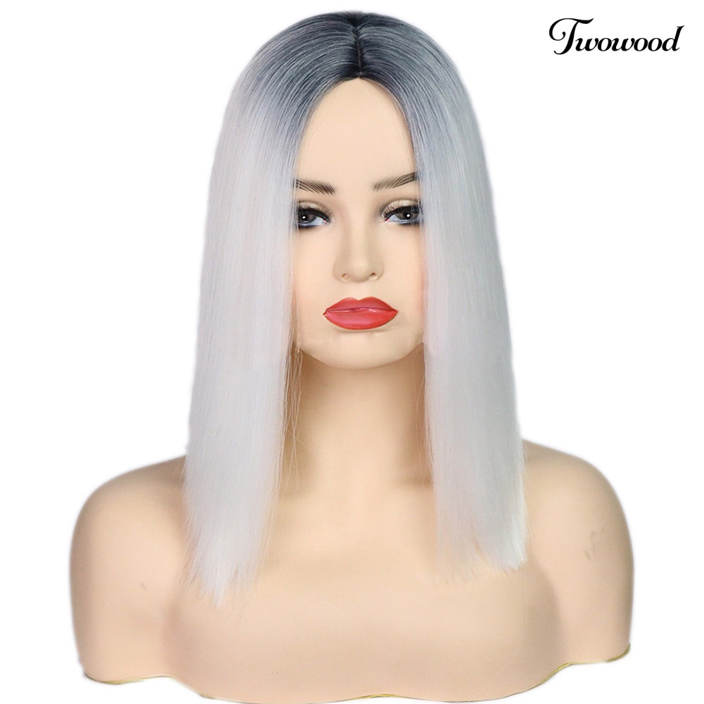 Twowood Fashion Wanita Hitam Putih Gradien Rambut Lurus Tahan Panas Wig Sintetis