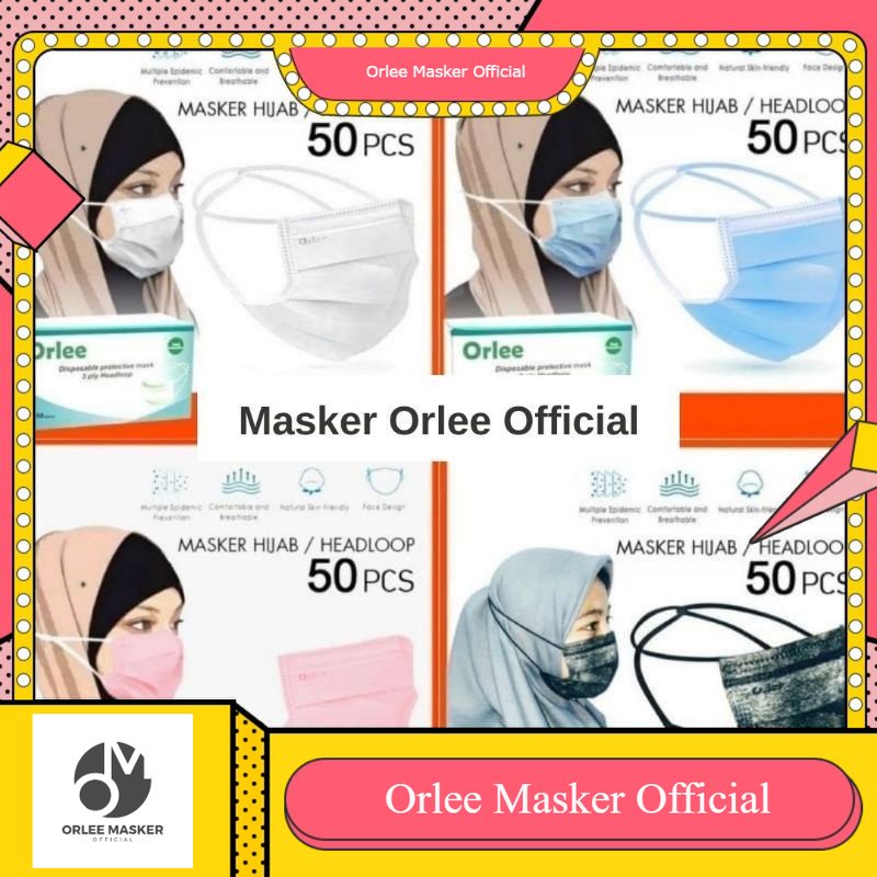 MASKER ORLEE ORIGINAL 100% 3ply HEADLOOP (tali hijab) ALL WARNA GROSIR SEHARI KIRIM dan eceran KEMENKES, isi 50