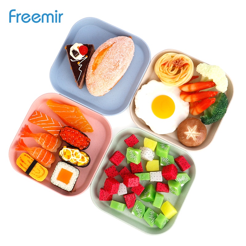 freemir Piring Kue Set 4 Pcs Ukuran 14 cm Wheat Straw Piring Makan Kotak Warna Warni