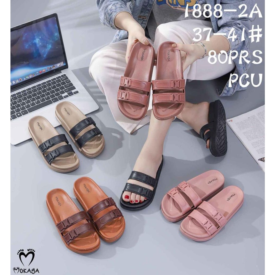 Sandal Slop PCU Karet Ban 2 Motif Gesper klik Tebal Trendy Import MKY JS-1888-2A 37-41