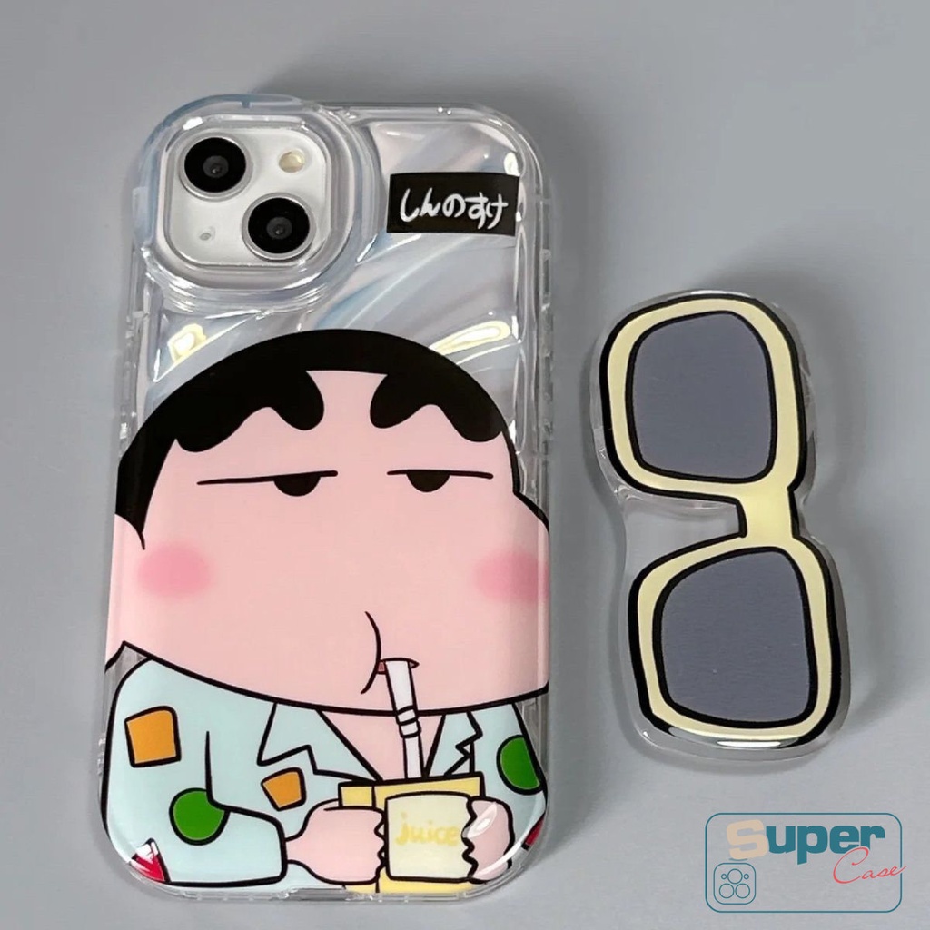 IPHONE Kreatif Kartu Crayon Shin-Chan Case Memakai Kacamata Hitam Kompatibel Untuk Iphone11 14 13 12 Pro MAX 7Plus XR X8 6 6S Plus XS MAX SE 2020 Kartun Hello Kitty 3D Stereo Corrugation Case