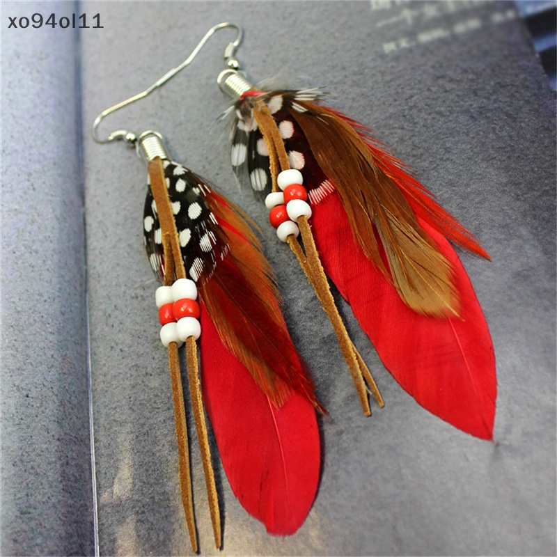 Xo Fashion Rumbai Menjuntai Anting Bulu Kulit Manik-Manik Anting Bulu India OL