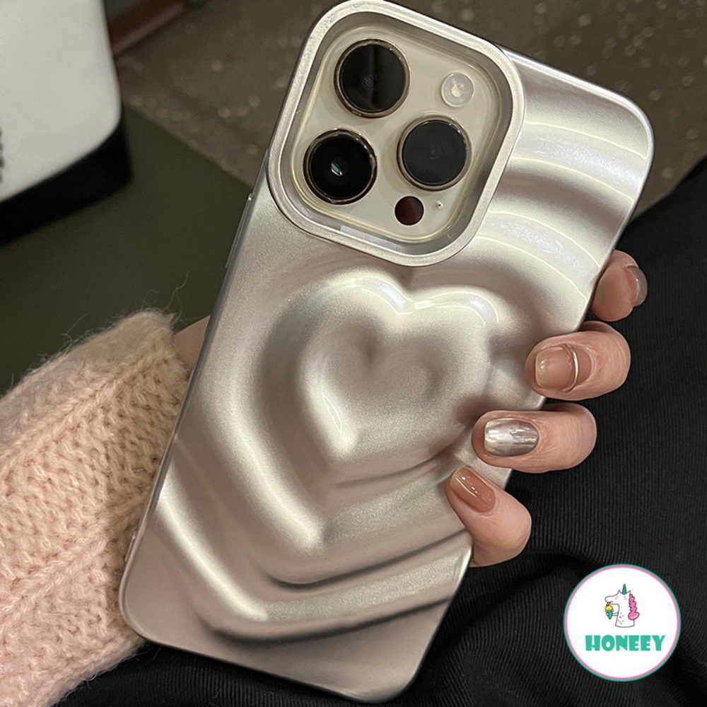 IPHONE Ins Silver 3D Love Heart Phone Case Untuk Iphone14 13 12 11 Pro Max Jepang Korea Gadis Lembut Silikon Bumper Penutup Pelindung