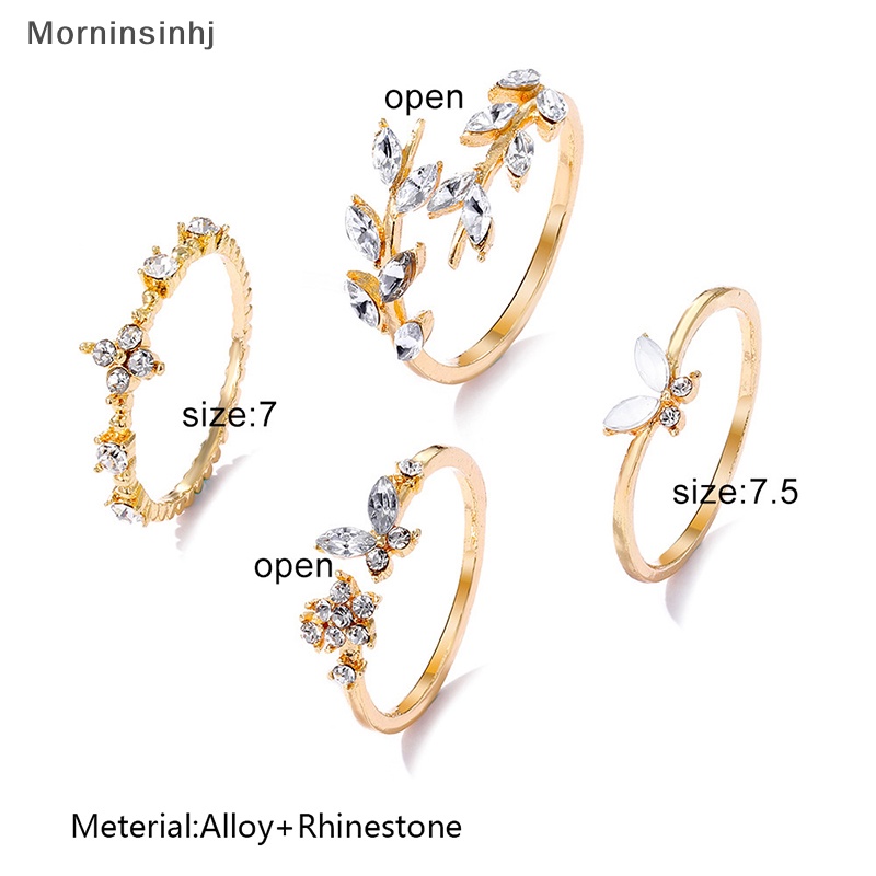 Mornin 4Pcs/Set Fashion Korea Temperamen Berlian Imitasi Memutar Daun Bunga Cincin Set Untuk Wanita Perhiasan Hadiah id