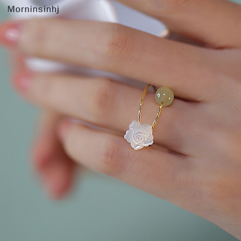 Mornin Vintage Fashion Hotan Jade White Rose Flower Open Rings Untuk Wanita Cincin Yang Dapat Disesuaikan Pesta Pernikahan Perhiasan Hadiah id