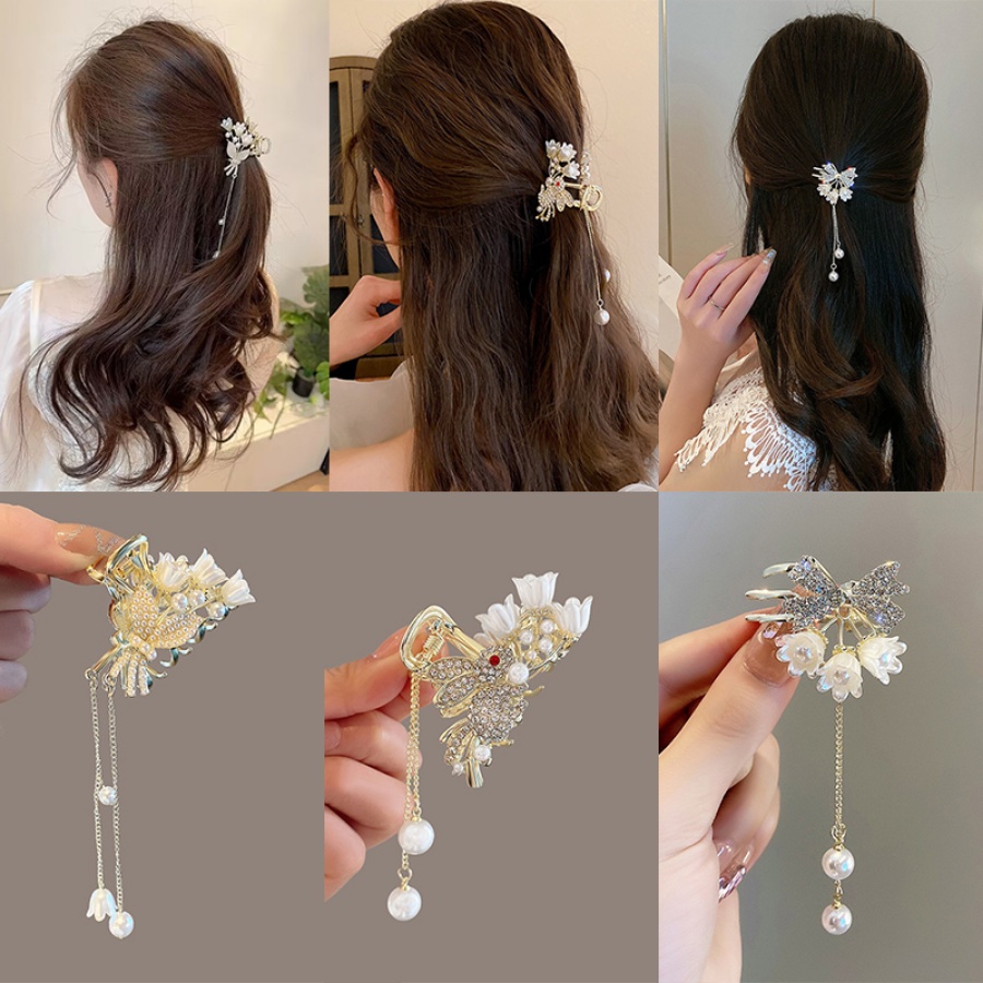 Korea Alloy Mutiara Berlian Imitasi Rambut Klip Bunga Kristal Rumbai Jepit Rambut Kecil Hair Claw Woman Aksesoris Rambut