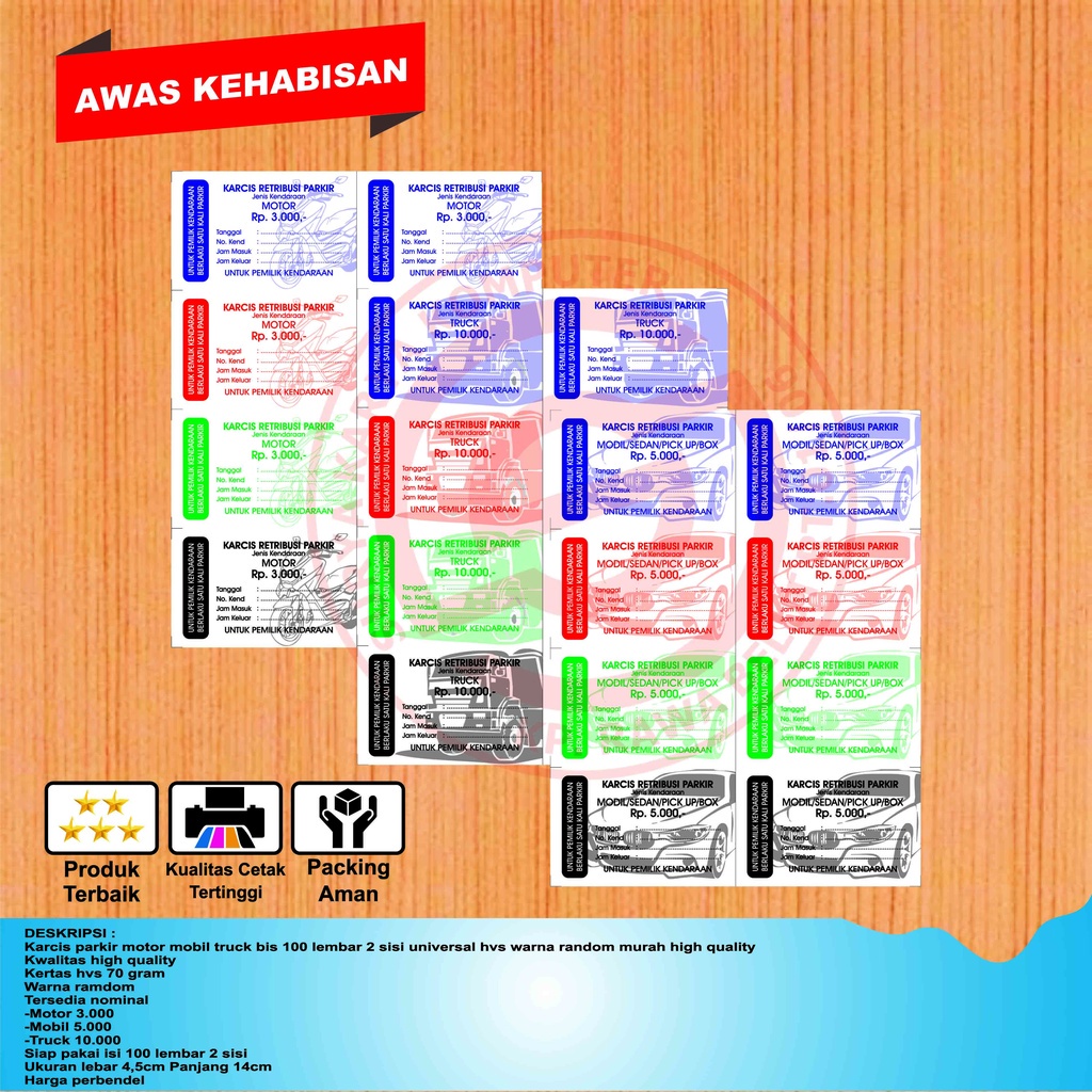 

Karcis parkir motor mobil truck bis 100 lembar 2 sisi universal hvs warna random murah high quality