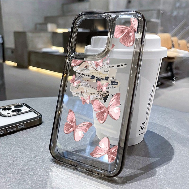 Casing Vintage Kupu-Kupu Pink Untuk IPhone Kompatibel6 7 8 6Plus 7Plus 8Plus 11 14 Pro Max X XS XR 11 12 13 14 Pro Max SE 2020 2022 Plating Electroplated Buttons Shockproof Cover