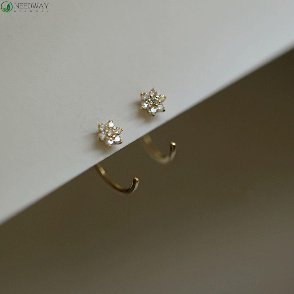 Needway Anting Kait Telinga Shinny Zirkon Bunga Perempuan Perhiasan Telinga Gadis Tindik Stud Earrings