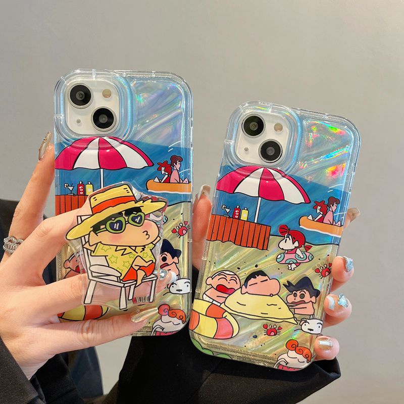 【Laser Popsocket】 Crystal Wave So Cool Funny Crayon Shin-chan Airbag Soft Case for IPhone 7 8 Plus X XR XS Max 11 12 13 14 Pro Max 14 Plus SE Women Girl Lovely Cartoon