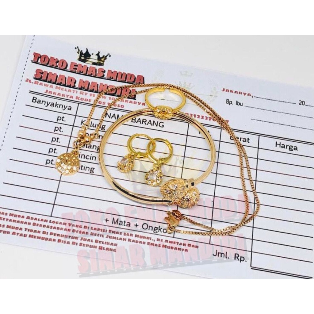 COD Emas Muda Satu Set Gelang,Kalung,Cincin,Anting Anak / Emas Set Anak Kadar 0.7 Lengkap Surat Dan 