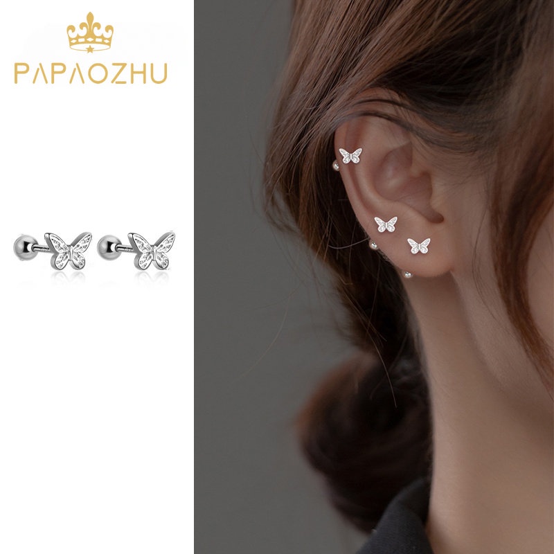 Papaozhu Elegan s925 Perak Ditindik Bola Kecil Kupu-Kupu Sekrup Anting Untuk Wanita Perempuan Chic Telinga Tulang Tulang Rawan Anting-Anting Perhiasan