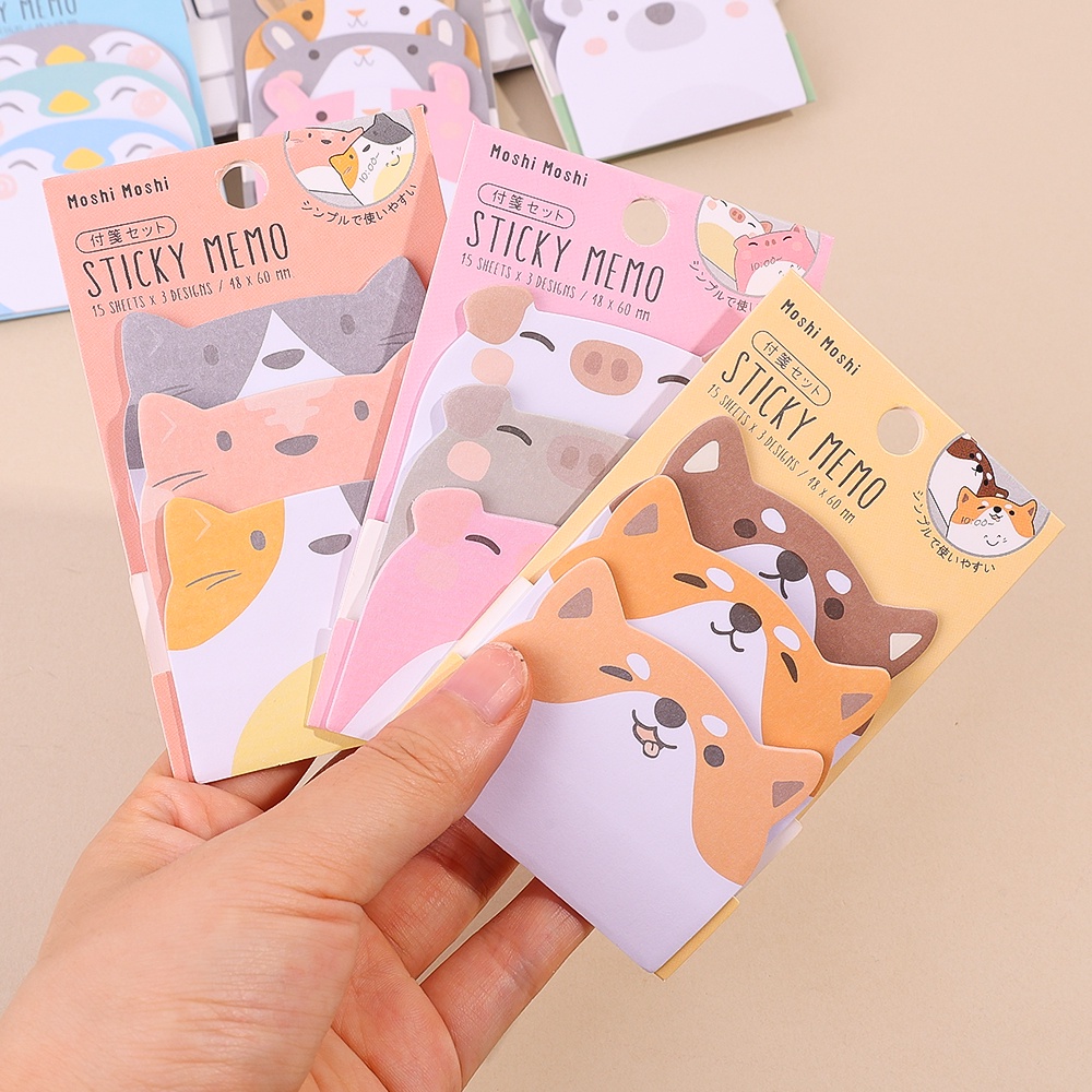 45lembar Kartun Hewan Berbentuk Sticky Notes /Kawaii Pinguin Babi Beruang Kucing Memo Pads/Mahasiswa Self-adhesive Planner Notepad Stiker/Perlengkapan Alat Tulis Kantor Sekolah