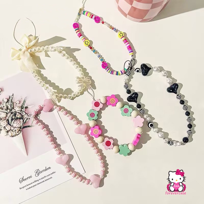 Pesona Hati Kupu-Kupu Rantai Ponsel Untuk Wanita Gadis Telepon Pesona Tali Hitam Akrilik Mutiara Manik-Manik Lanyard Perhiasan Hadiah