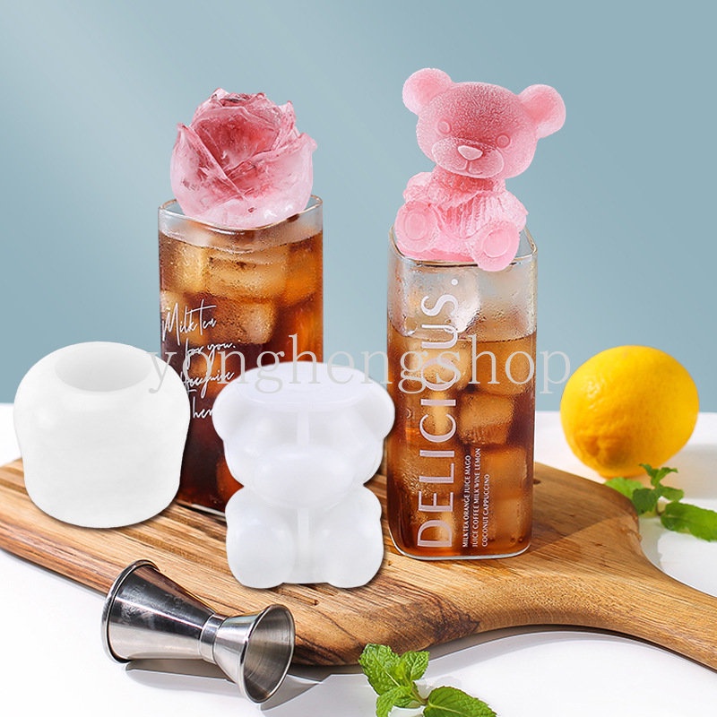 Kreatif 3D Bunga Mawar Berbentuk Es Batu Tray Silikon Anti-Lengket Kartun Beruang Es Cetakan Untuk Whiskey Wine Cocktail Minuman Dingin Ice Maker DIY Es Krim Popsicle Cetakan