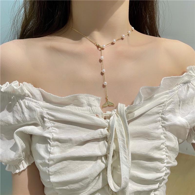 Kalung Jahitan Rantai Mutiara Temperamen Jepang Korea Desain Niche Sederhana Unik Rasa Berlian Fishtail Pendant Clavicle Chain