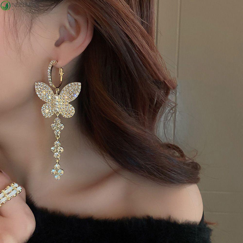 Needway Anting Berlian Kepribadian Elegan Retro Bunga Kupu-Kupu Cinta Wanita Gadis Anting Gaya Korea