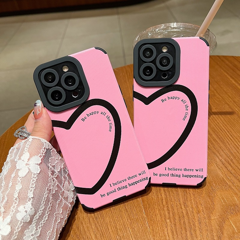 IPHONE Untuk Iphone14 13 12 11 Pro Max X XR XS Max7 8 Plus Pink Hati Inggris Tekstur Vertikal Kulit Pelindung Soft case