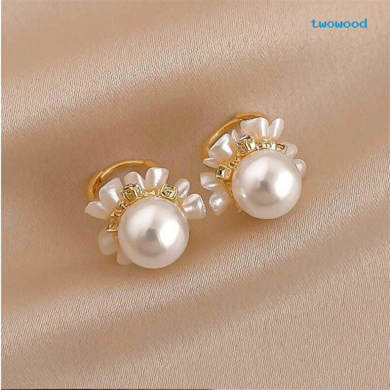 Twowood Exquisite Shell Flower Basket Mutiara Dan Berlian Anting