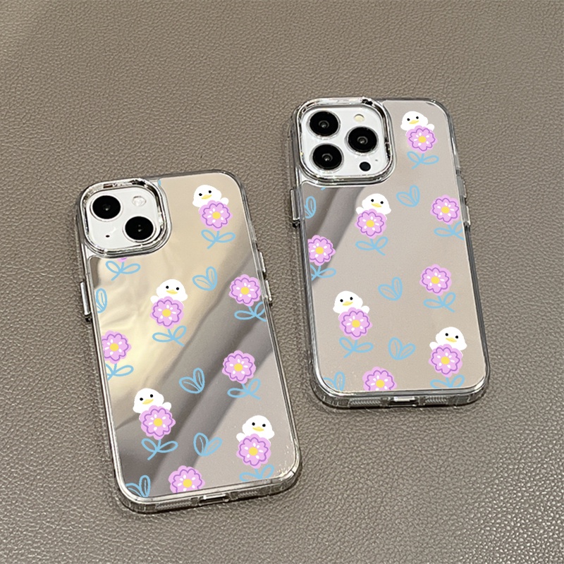 IPHONE Casing Ponsel Cermin Bunga Ungu Kompatibel Untuk Iphone11 12 13 14 12Pro 13Pro 14Pro Pro Max XR X XS Max Electroplating Tombol Perlindungan Mirror Cover