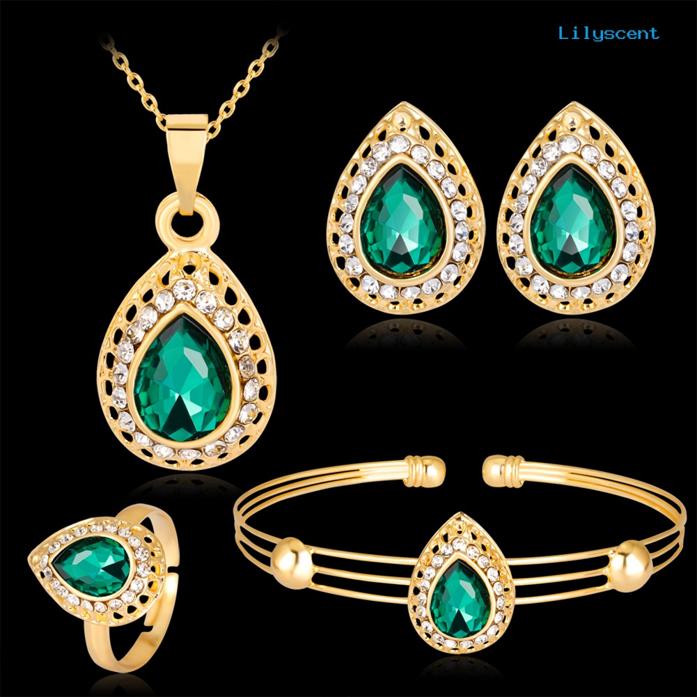 [LS]Wanita Retro Tetesan Air Berlapis Emas Set Perhiasan Kalung Gelang Anting Cincin