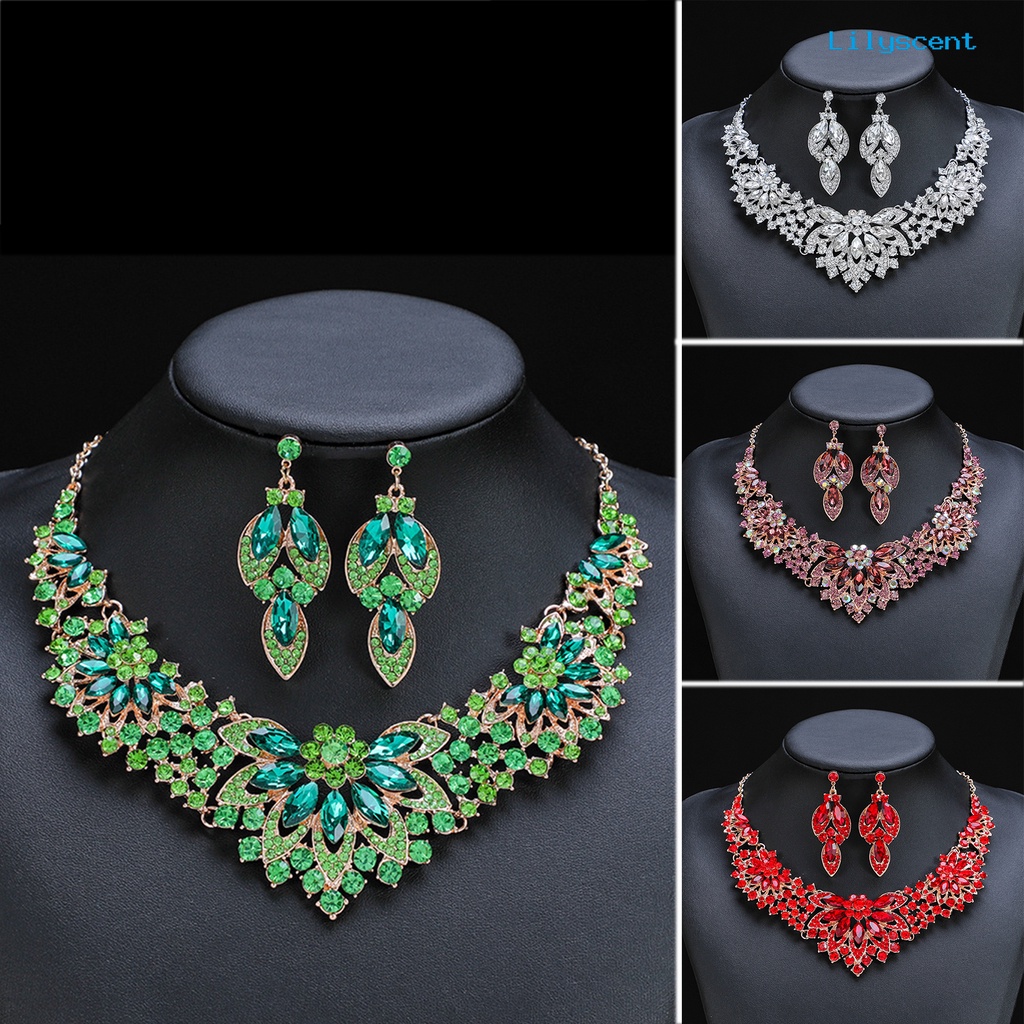 [LS]1 Set Anting Kalung Set Elegan Hijau Kristal Imitasi Set Perhiasan Untuk Wanita Aksesoris Pesta Pernikahan Mempesona Stud Earrings Necklace Gift Giving